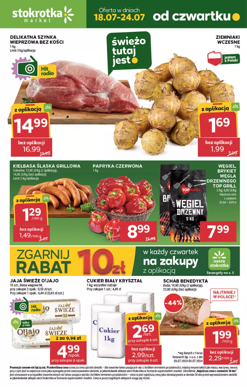 Gazetka promocyjna Stokrotka - Market - ważna 18.07 do 24.07.2024 - strona 1 - produkty: Cukier, Duda, Grill, Jaja, Kiełbasa, Mięso, Owoce, Schab Benedykta, Szynka, Warzywa, Ziemniaki