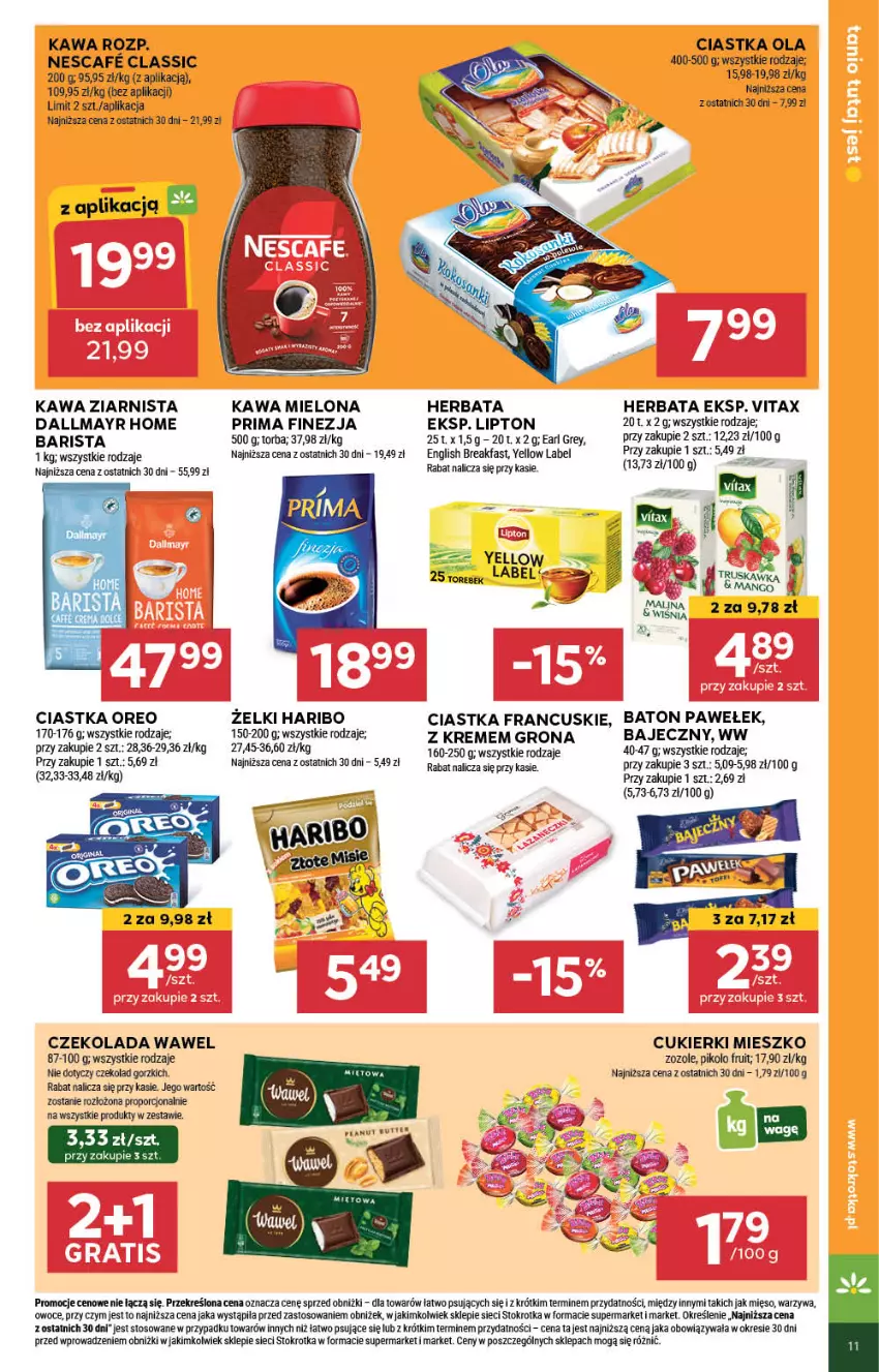 Gazetka promocyjna Stokrotka - Market - ważna 18.07 do 24.07.2024 - strona 11 - produkty: Baton, Ciastka, Cukier, Cukierki, Czekolada, Dallmayr, Earl Grey, Fa, Haribo, Herbata, Kawa, Kawa mielona, Kawa ziarnista, Lipton, Mięso, Oreo, Owoce, Por, Prima, Torba, Vitax, Warzywa, Wawel