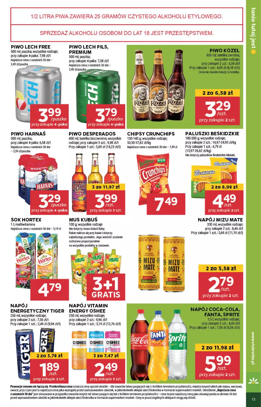 Gazetka promocyjna Stokrotka - Market - ważna 18.07 do 24.07.2024 - strona 13 - produkty: Beskidzki, Chipsy, Coca-Cola, Crunchips, Desperados, Fa, Fanta, Gin, Gra, Hortex, Kozel, Kubuś, Mięso, Mus, Napój, Napój energetyczny, Oshee, Owoce, Piwa, Piwo, Por, Sok, Sprite, Tiger, Warzywa