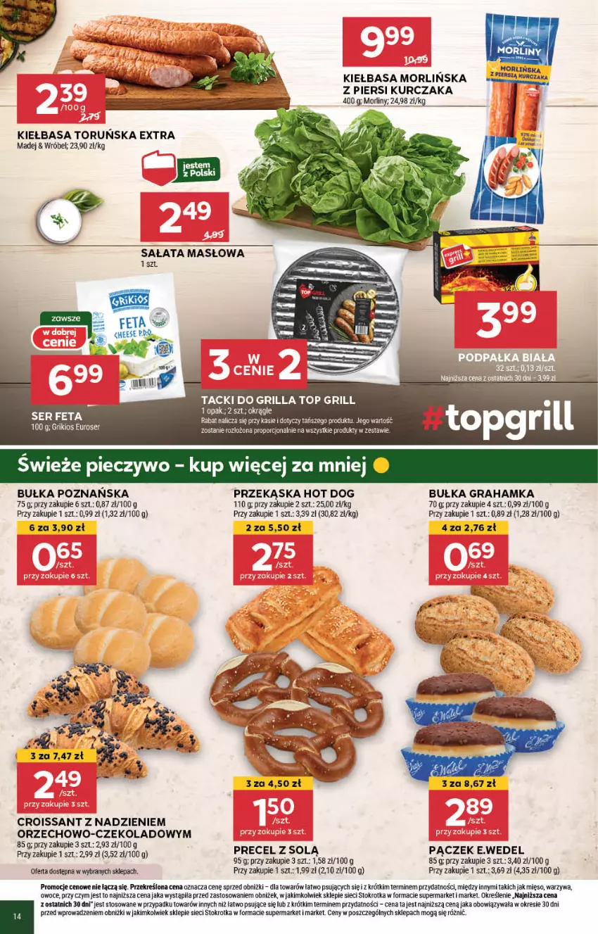 Gazetka promocyjna Stokrotka - Market - ważna 18.07 do 24.07.2024 - strona 14 - produkty: Bułka, Bułka grahamka, Croissant, E. Wedel, Feta, Gra, Grill, Hot dog, Kiełbasa, Kurczak, Masło, Mięso, Morliny, Owoce, Pączek, Por, Sałat, Sałata masłowa, Ser, Top, Warzywa