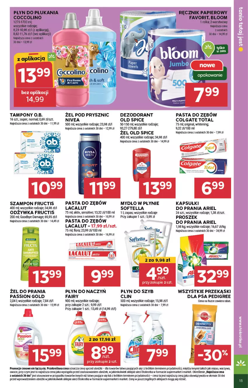 Gazetka promocyjna Stokrotka - Market - ważna 18.07 do 24.07.2024 - strona 15 - produkty: Ariel, Clin, Coccolino, Colgate, Colgate Total, Dezodorant, Fa, Fairy, Flora, Fructis, Gin, Lacalut, LG, Mięso, Mydło, Mydło w płynie, Nivea, O.B., Odżywka, Old Spice, Owoce, Pasta do zębów, Pedigree, Płyn do płukania, Płyn do szyb, Proszek do prania, Szampon, Tampony, Warzywa