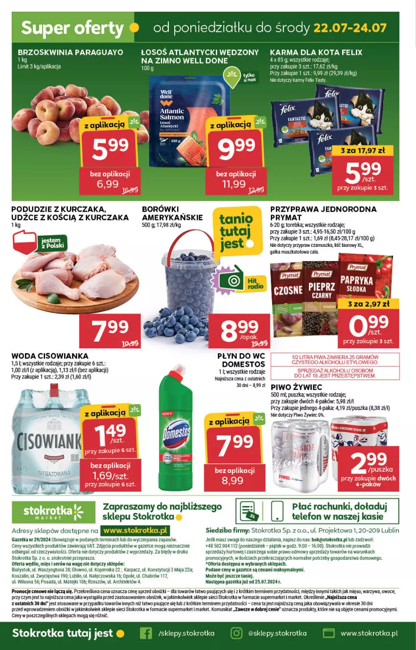 Gazetka promocyjna Stokrotka - Market - ważna 18.07 do 24.07.2024 - strona 17 - produkty: Cisowianka, Domestos, Dres, Felix, Gałka, JBL, Karp, Kosz, Kurczak, Laur, Leon, Mięso, Mus, O nas, Owoce, Piwo, Płyn do wc, Podudzie z kurczaka, Prymat, Ser, Szal, Telefon, Torebka, Wagi, Warzywa, Wilson, Woda