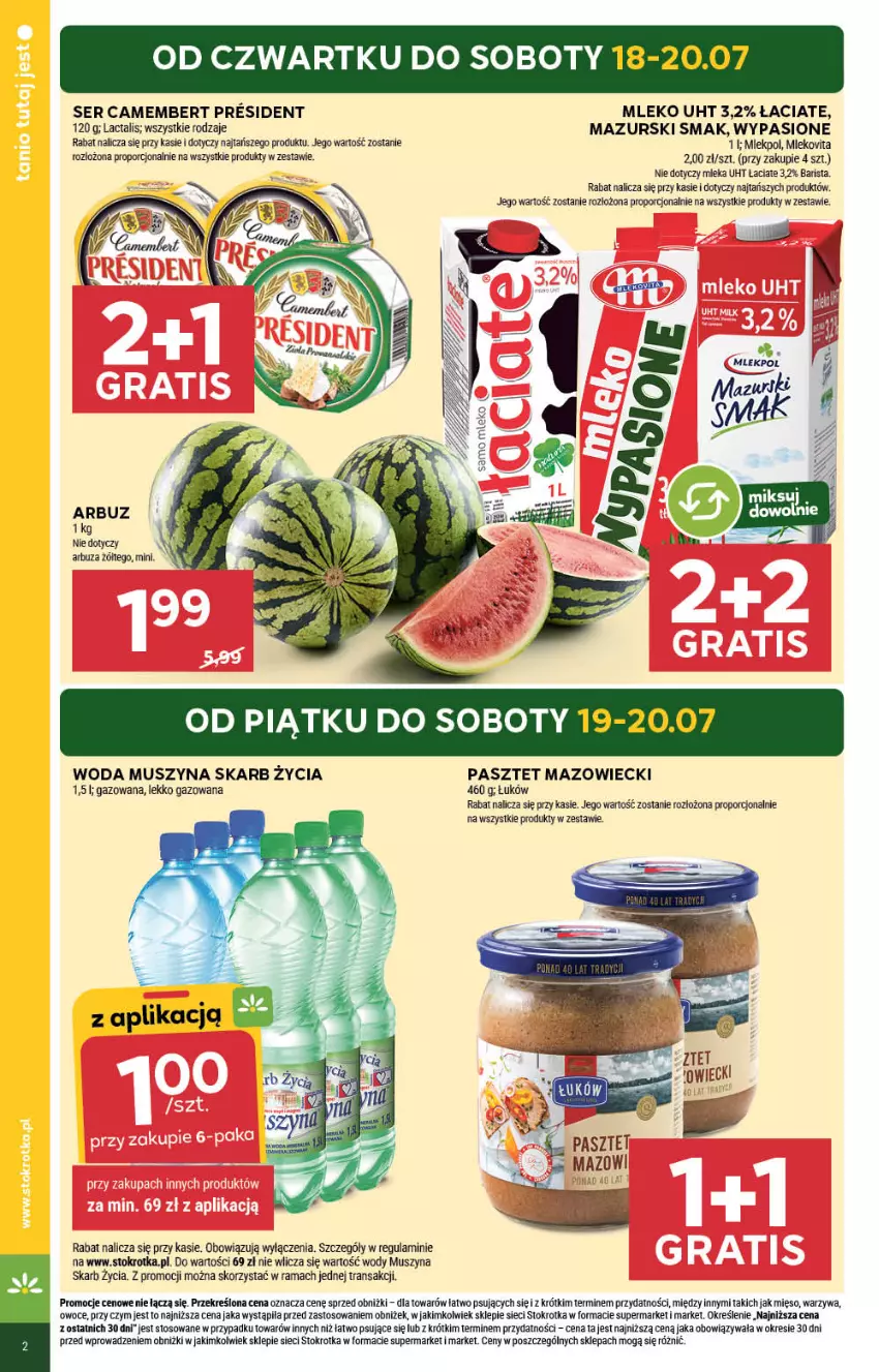 Gazetka promocyjna Stokrotka - Market - ważna 18.07 do 24.07.2024 - strona 2 - produkty: Arbuz, Camembert, Fa, Mięso, Mleko, Mlekovita, Mus, Owoce, Pasztet, Por, Rama, Ser, Szyna, Tran, Warzywa, Woda