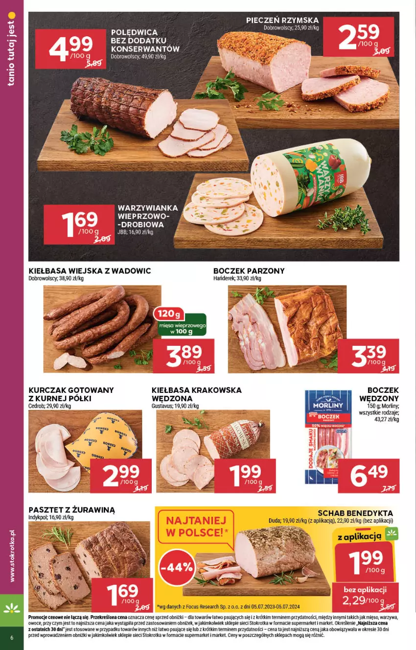 Gazetka promocyjna Stokrotka - Market - ważna 18.07 do 24.07.2024 - strona 6 - produkty: Boczek, Kiełbasa, Kiełbasa krakowska, Kiełbasa wiejska, Kurczak, Kurczak gotowany, Mięso, Morliny, Owoce, Pasztet, Piec, Pieczeń rzymska, Polędwica, Schab Benedykta, Ser, Warzywa