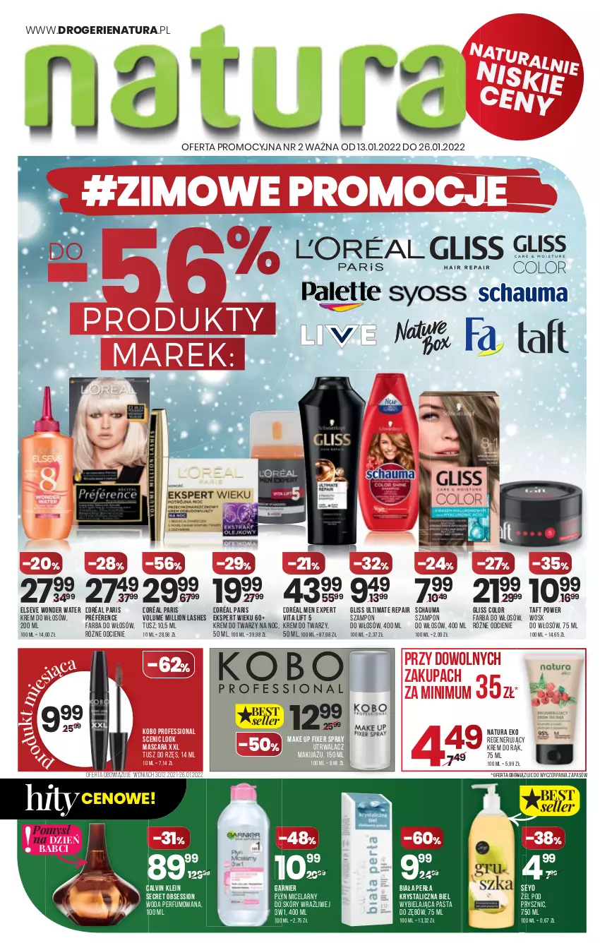 Gazetka promocyjna Drogerie Natura - Gazetka Drogerie Natura - ważna 13.01 do 26.01.2022 - strona 1 - produkty: Calvin Klein, Elseve, Fa, Farba do włosów, Garnier, KOBO, Krem do rąk, Krem do twarzy, Lion, Makijaż, Pasta do zębów, Perfum, Perła, Schauma, SESSIO, Szampon, Taft, Tusz, Woda, Woda perfumowana