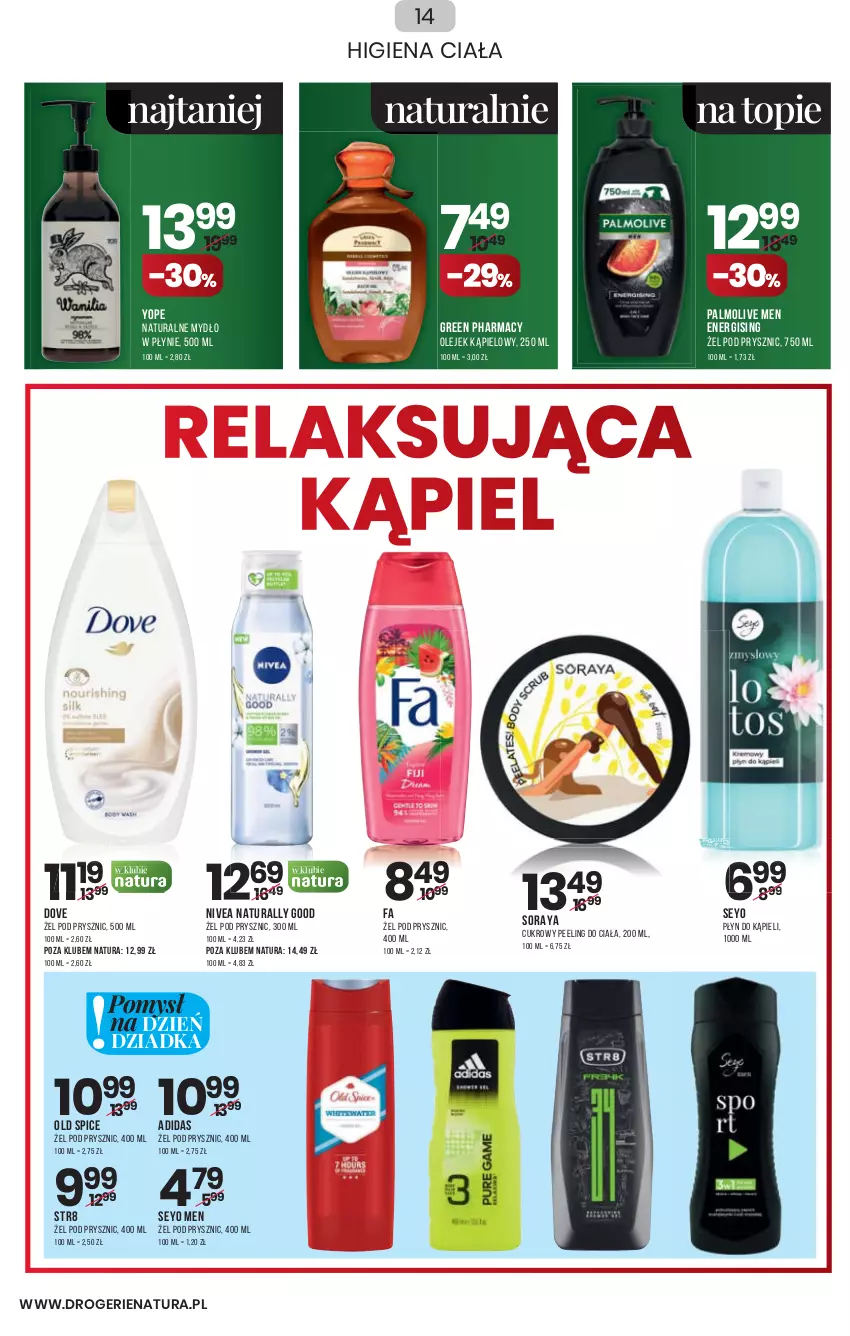 Gazetka promocyjna Drogerie Natura - Gazetka Drogerie Natura - ważna 13.01 do 26.01.2022 - strona 14 - produkty: Adidas, Cukrowy peeling, Dove, Fa, Green pharmacy, Mydło, Mydło w płynie, Nivea, Old Spice, Olej, Palmolive, Peeling, Płyn do kąpieli, Str8, Top, Yope