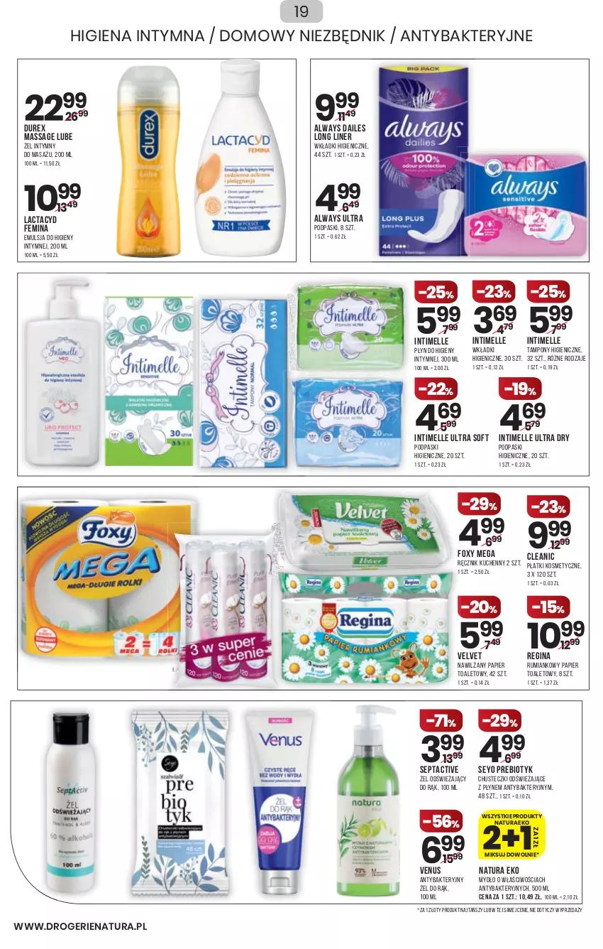 Gazetka promocyjna Drogerie Natura - Gazetka Drogerie Natura - ważna 13.01 do 26.01.2022 - strona 19 - produkty: Always, Always Ultra, Chusteczki, Cleanic, Durex, Emulsja, Foxy, Gin, Lactacyd, Mydło, Nawilżany papier, Papier, Papier toaletowy, Płatki kosmetyczne, Płyn do higieny intymnej, Podpaski, Ręcznik, Ręcznik kuchenny, Rum, Tampony, Velvet, Venus, Wkładki