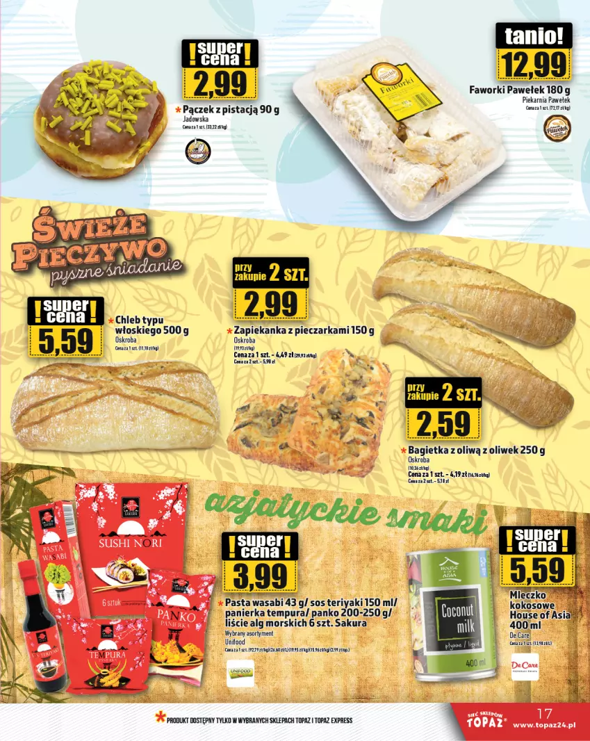 Gazetka promocyjna Topaz - Gazetka - ważna 09.01 do 15.01.2025 - strona 17 - produkty: Bagietka, Chleb, Fa, Faworki, LG, Pączek, Pasta wasabi, Piec, Pieczarka, Pur, Sos, Top, Wasa, Zapiekanka