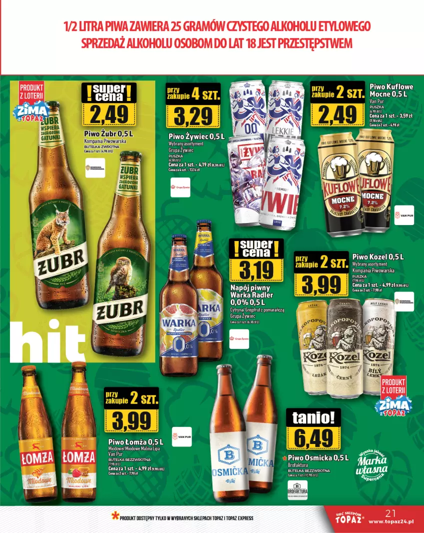 Gazetka promocyjna Topaz - Gazetka - ważna 09.01 do 15.01.2025 - strona 21 - produkty: Fa, Gra, Grejpfrut, Kozel, Napój, Piwa, Piwo, Pur, Radler, Top, Warka