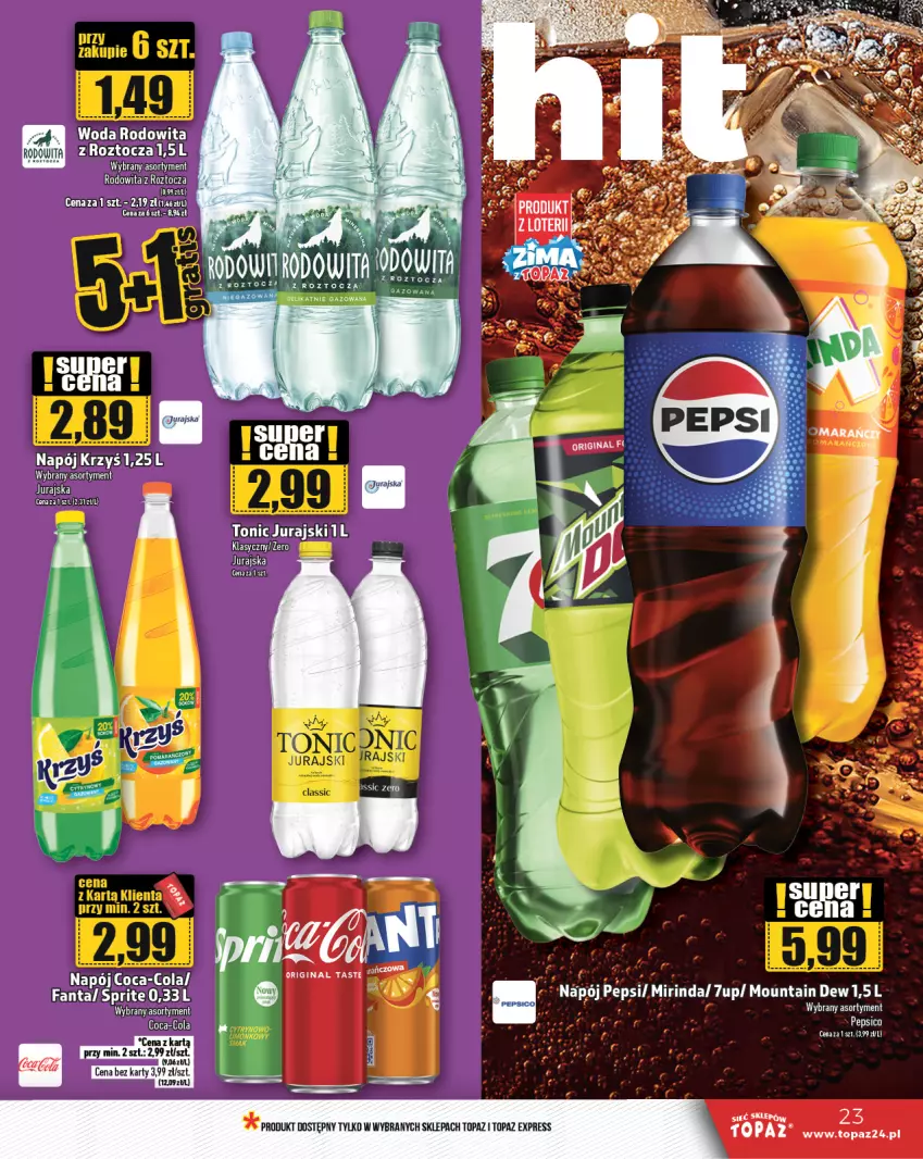 Gazetka promocyjna Topaz - Gazetka - ważna 09.01 do 15.01.2025 - strona 23 - produkty: Coca-Cola, Fa, Fanta, Mirinda, Napój, Sprite, Top, Woda