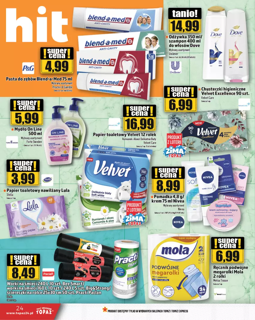 Gazetka promocyjna Topaz - Gazetka - ważna 09.01 do 15.01.2025 - strona 24 - produkty: Chusteczki, Dove, Mola, Mydło, Nivea, Odżywka, Papier, Papier toaletowy, Pasta do zębów, Ręcznik, Rolki, Rum, Szampon, Top, Velvet