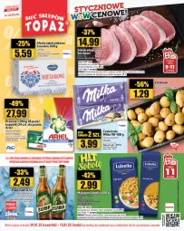 Gazetka promocyjna Topaz - Gazetka - Gazetka - ważna od 15.01 do 15.01.2025 - strona 1 - produkty: Piwo, Lubella, Makaron, Bell, Schab wieprzowy, Czekolada, Bella, Ariel, Waga, Masło, Milka