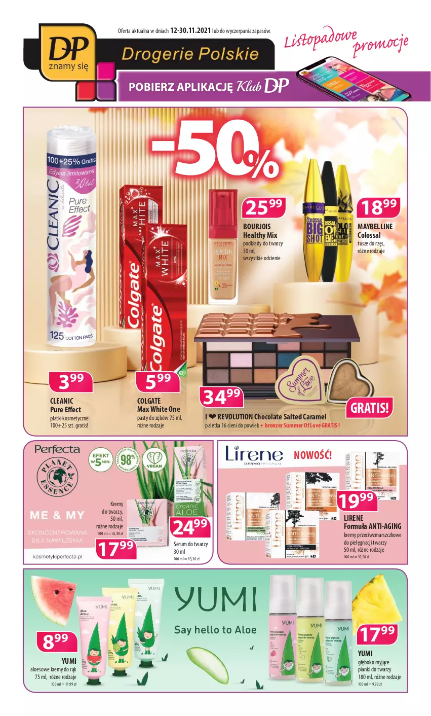 Gazetka promocyjna Drogerie Polskie - Gazetka - ważna 12.11 do 30.11.2021 - strona 1 - produkty: Bell, Bourjois, Bronzer, Cleanic, Colgate, Gin, Gra, LG, Lirene, Mars, Maybelline, Płatki kosmetyczne, Podkład, Pur, Rum, Ser, Serum, Serum do twarzy, Tusz