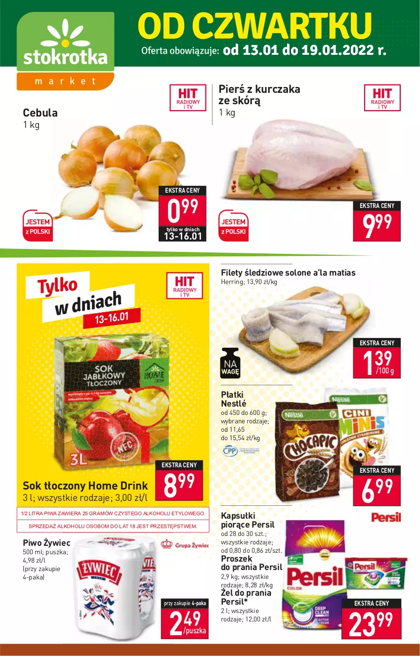 Gazetka promocyjna Stokrotka - Market - ważna 13.01 do 19.01.2022 - strona 1 - produkty: Cebula, Gra, Kurczak, Nestlé, Persil, Piwa, Piwo, Proszek do prania, Sok