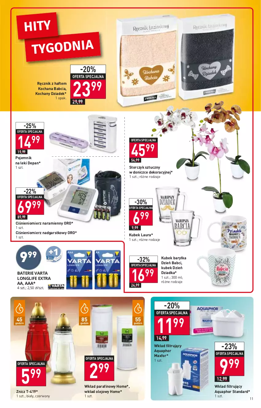 Gazetka promocyjna Stokrotka - Market - ważna 13.01 do 19.01.2022 - strona 11 - produkty: Aquaphor, Ciśnieniomierz, Koc, Kubek, Laur, Olej, Pojemnik, Pojemnik na leki, Ręcznik, Storczyk, Wkład filtrujący, Wkład olejowy, Znicz