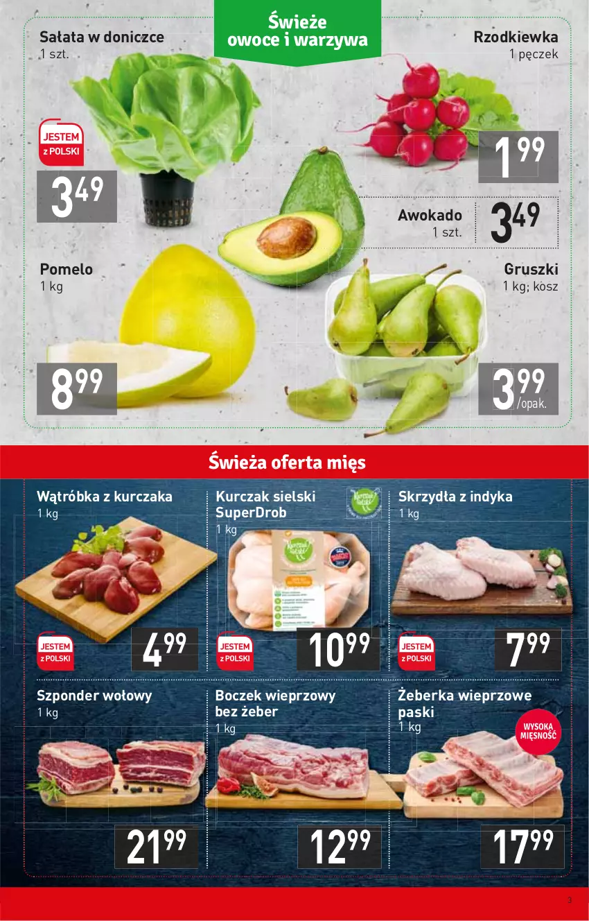 Gazetka promocyjna Stokrotka - Market - ważna 13.01 do 19.01.2022 - strona 3 - produkty: Boczek, Boczek wieprzowy, Gruszki, Kosz, Kurczak, Pomelo, Rzodkiewka, Sałat, Szponder wołowy