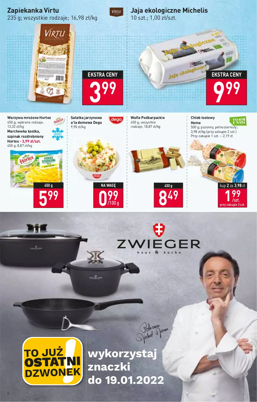 Gazetka promocyjna Stokrotka - Market - ważna 13.01 do 19.01.2022 - strona 4 - produkty: Chleb, Chleb tostowy, Dega, Hortex, Jaja, Karp, Marchewka, Sałat, Sałatka, Szpinak, Virtu, Wafle, Warzywa, Zapiekanka