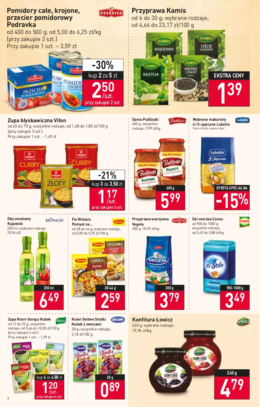 Gazetka promocyjna Stokrotka - Market - ważna 13.01 do 19.01.2022 - strona 6 - produkty: Bell, Bella, Cenos, Kamis, Kisiel, Knorr, Konfitura, Kubek, Kujawski, Lubella, Makaron, Olej, Olej smakowy, Podravka, Pomidory, Pudliszki, Sól, Vegeta, Winiary, Zupa