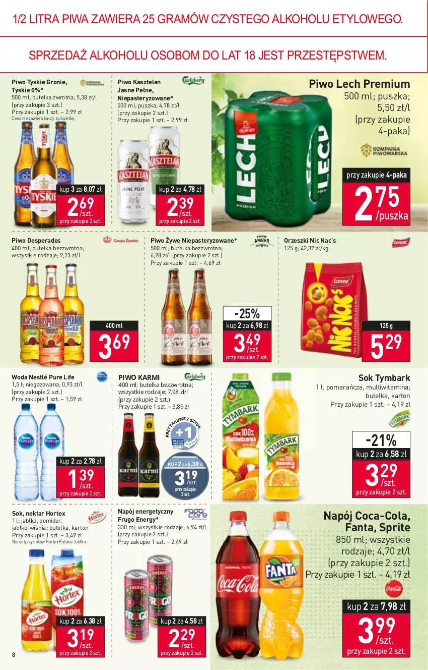 Gazetka promocyjna Stokrotka - Market - ważna 13.01 do 19.01.2022 - strona 8 - produkty: Coca-Cola, Desperados, Fa, Fanta, Gra, Hortex, Kasztelan, Lech Premium, Napój, Napój energetyczny, Nektar, Nestlé, Orzeszki, Piwa, Piwo, Pur, Sok, Sprite, Tymbark, Tyskie, Woda