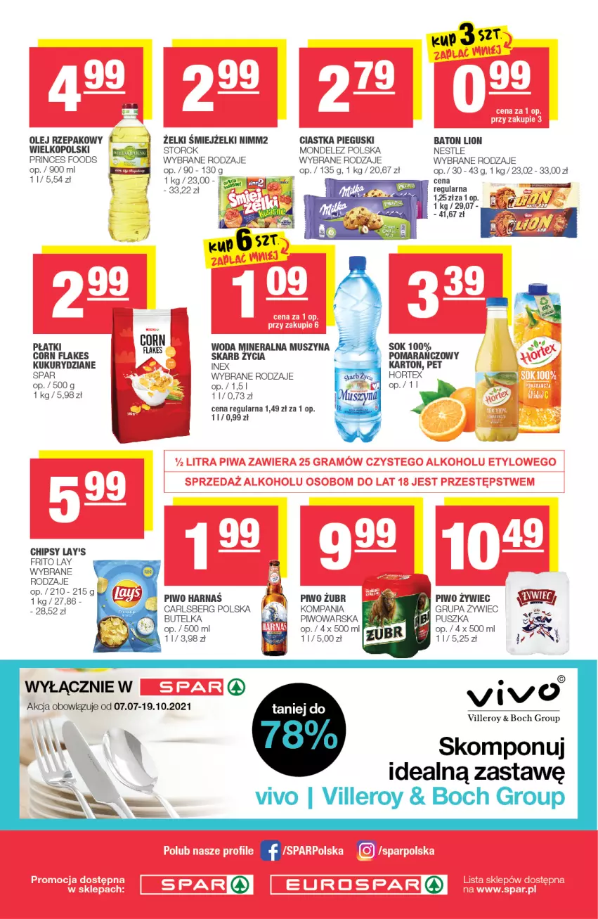 Gazetka promocyjna Spar - Eurospar - ważna 30.06 do 06.07.2021 - strona 4 - produkty: Baton, Carlsberg, Chipsy, Ciastka, Fa, Harnaś, Hortex, Lion, Mus, Nimm2, Olej, Olej rzepakowy, Piwo, Sok, Szyna, Woda, Woda mineralna