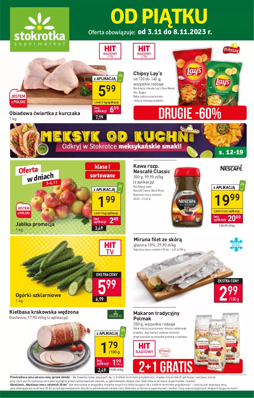 Gazetka promocyjna Stokrotka - Supermarket - ważna 03.11 do 08.11.2023 - strona 1 - produkty: Chipsy, Glazura, Gra, Jabłka, Kawa, Kiełbasa, Kiełbasa krakowska, Kurczak, Lack, Lay’s, Lazur, Makaron, Mięso, Miruna, Nescafé, Olma, Owoce, Por, Warzywa