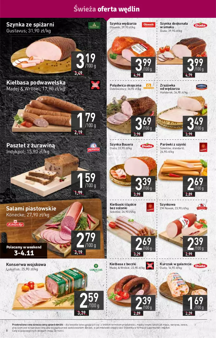 Gazetka promocyjna Stokrotka - Supermarket - ważna 03.11 do 08.11.2023 - strona 10 - produkty: Duda, Gala, HP, Kiełbasa, Kiełbasa podwawelska, Kiełbaski śląskie, Kurczak, Mięso, NOWAK, Olewnik, Owoce, Parówki, Parówki z szynki, Pasztet, Piast, Polędwica, Salami, Ser, Sok, Sokołów, Szynka, Warzywa, Wawel