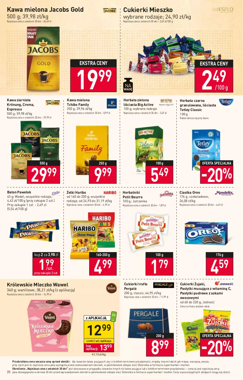 Gazetka promocyjna Stokrotka - Supermarket - ważna 03.11 do 08.11.2023 - strona 22 - produkty: Baton, Ciastka, Cukier, Cukierki, Fa, Gra, Haribo, Herbata, Herbata czarna, Herbatniki, Herbatniki Petit Beurre, Jacobs, Jutrzenka, Kawa, Kawa mielona, Kawa ziarnista, Królewski, Królewskie Mleczko, Mięso, Mleczko, Mus, Oreo, Owoce, Pastylki, Sok, Tchibo, Tchibo Family, Tetley, Warzywa, Wawel