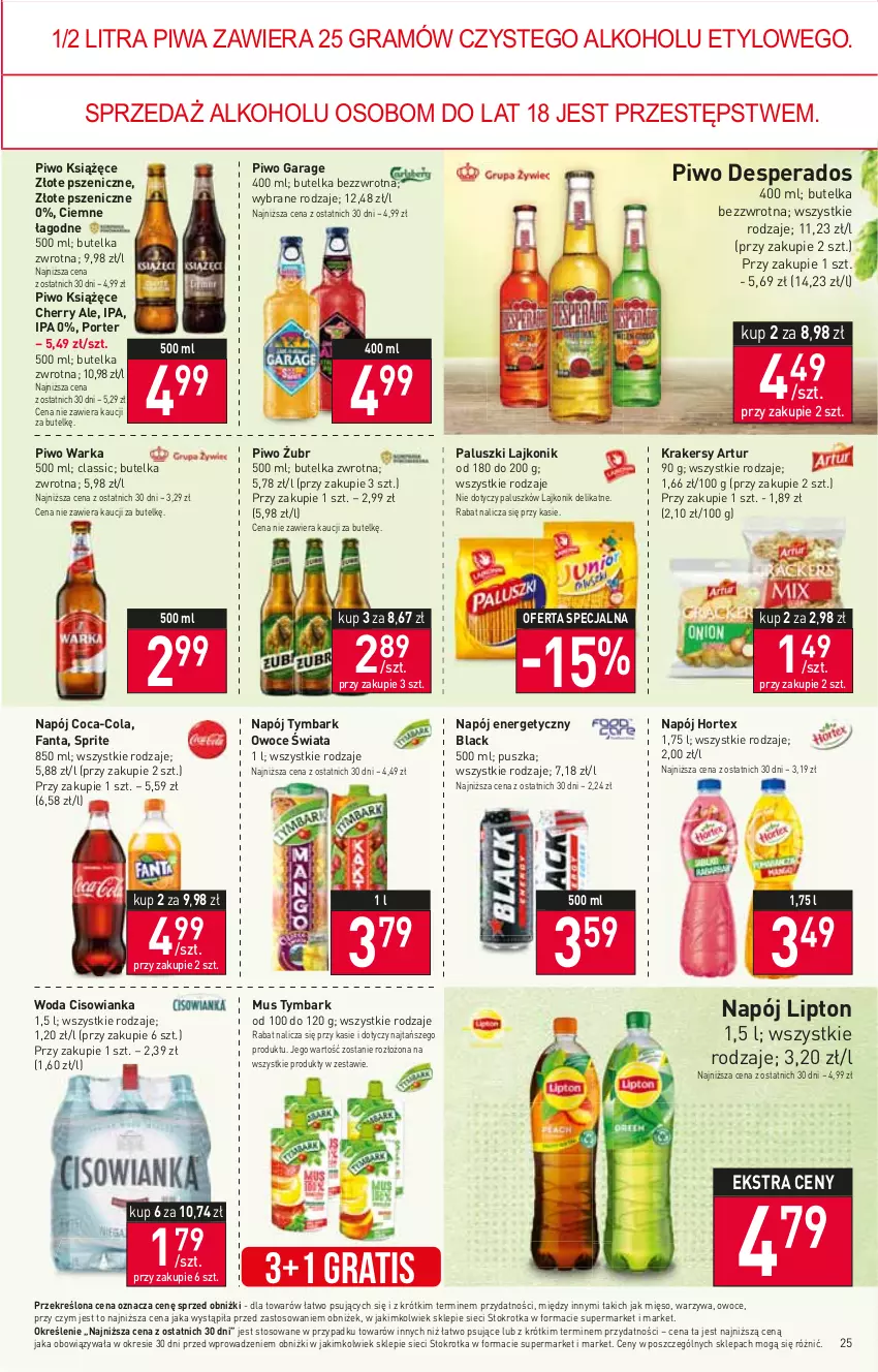 Gazetka promocyjna Stokrotka - Supermarket - ważna 03.11 do 08.11.2023 - strona 27 - produkty: Artur, Cisowianka, Coca-Cola, Desperados, Fa, Fanta, Gra, Hortex, Krakersy, Książęce, Lack, Lajkonik, Lipton, Mięso, Mus, Napój, Napój energetyczny, Owoce, Piwa, Piwo, Por, Sprite, Tymbark, Warka, Warzywa, Woda