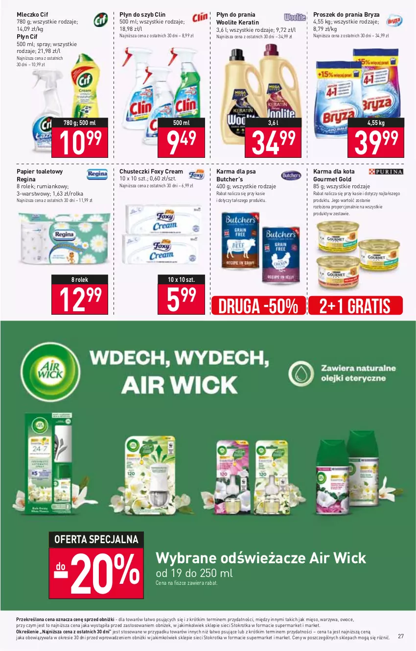 Gazetka promocyjna Stokrotka - Supermarket - ważna 03.11 do 08.11.2023 - strona 29 - produkty: Air Wick, Bryza, Chusteczki, Cif, Clin, Foxy, Gin, Gourmet Gold, Gra, Mięso, Mleczko, Owoce, Papier, Papier toaletowy, Płyn do prania, Płyn do szyb, Por, Proszek do prania, Rum, Warzywa, Woolite