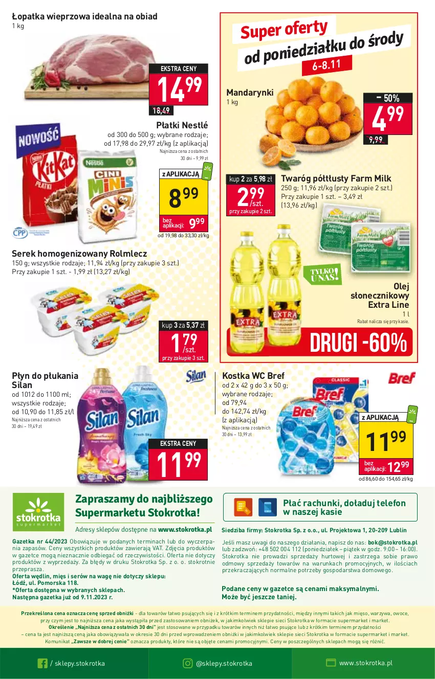 Gazetka promocyjna Stokrotka - Supermarket - ważna 03.11 do 08.11.2023 - strona 30 - produkty: Bref, Fa, Farm Milk, Mandarynki, Mięso, Nestlé, O nas, Olej, Olej słonecznikowy, Owoce, Płyn do płukania, Rolmlecz, Ser, Serek, Serek homogenizowany, Silan, Telefon, Twaróg, Twaróg półtłusty, Wagi, Warzywa