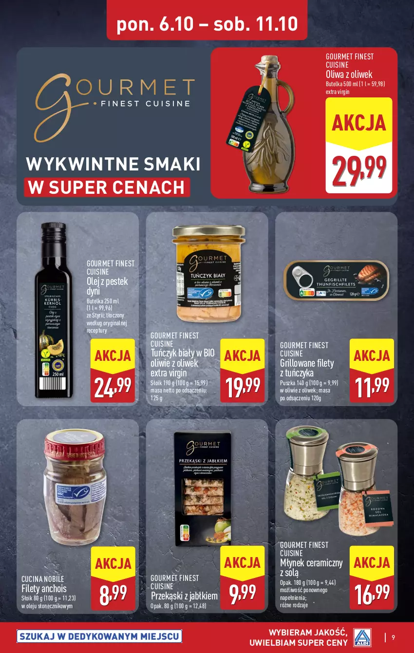 Gazetka promocyjna Aldi - Oferta specjalna - ważna 09.10 do 11.10.2025 - strona 9 - produkty: Gin, Grill, Młynek, Olej, Oliwa z oliwek, Stek, Tuńczyk