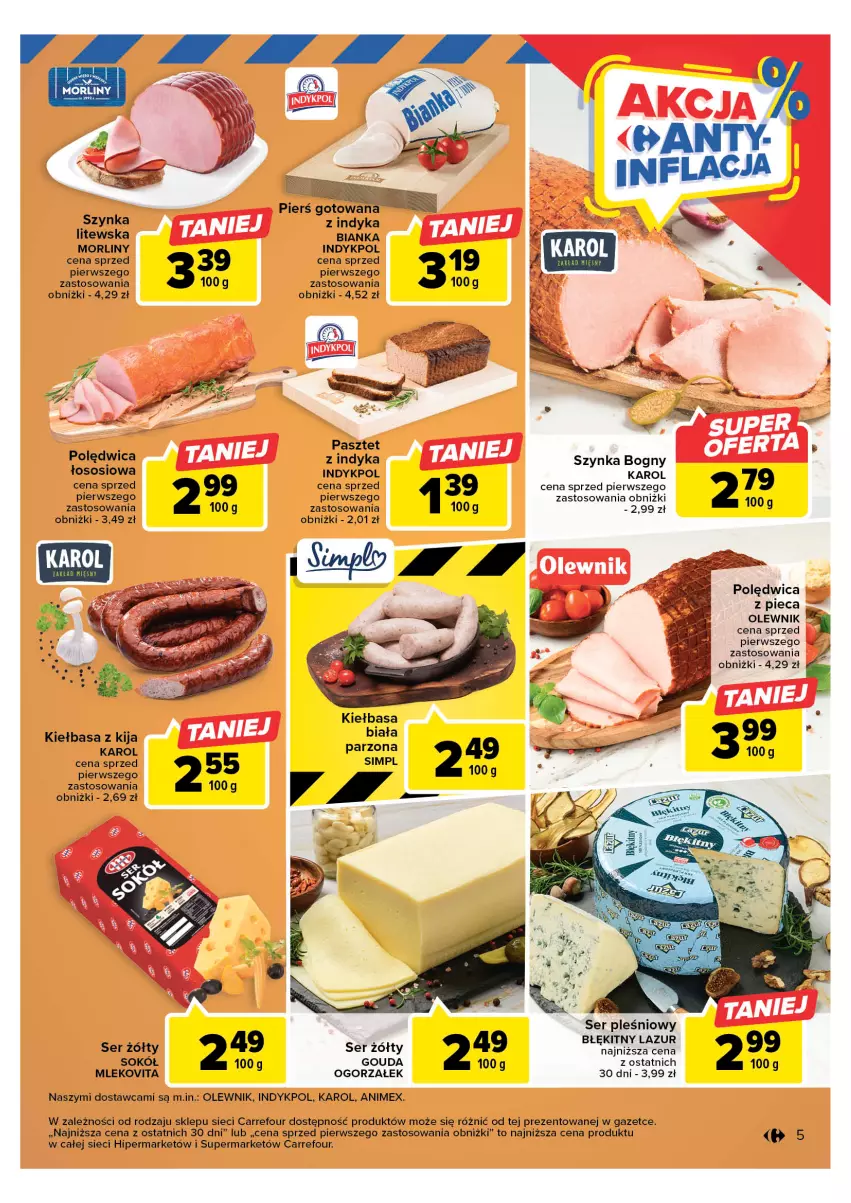 Gazetka promocyjna Carrefour - Gazetka Targ świeżości - ważna 08.05 do 13.05.2023 - strona 5 - produkty: Bianka, Gouda, Kiełbasa, Mleko, Mlekovita, Morliny, Olewnik, Pasztet, Piec, Polędwica, Ser, Ser pleśniowy, Sok, Sokół, Sos, Szynka
