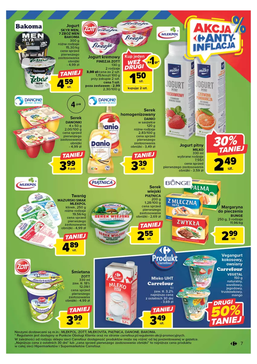 Gazetka promocyjna Carrefour - Gazetka Targ świeżości - ważna 08.05 do 13.05.2023 - strona 7 - produkty: Bakoma, Danio, Danone, Danonki, Jogurt, Kokos, Kosz, Mango, Mleko, Mlekovita, Piątnica, Piec, Ser, Serek, Serek wiejski, Twaróg, Vegangurt, Vegeta, Zott