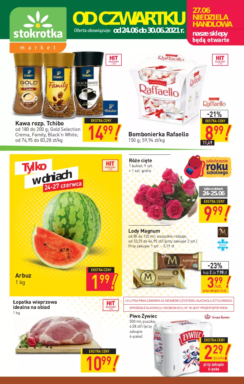 Gazetka promocyjna Stokrotka - Market - ważna 24.06 do 30.06.2021 - strona 1 - produkty: Arbuz, Bukiet, Fa, Gra, Kawa, Lack, Lody, Piwa, Piwo, Tchibo