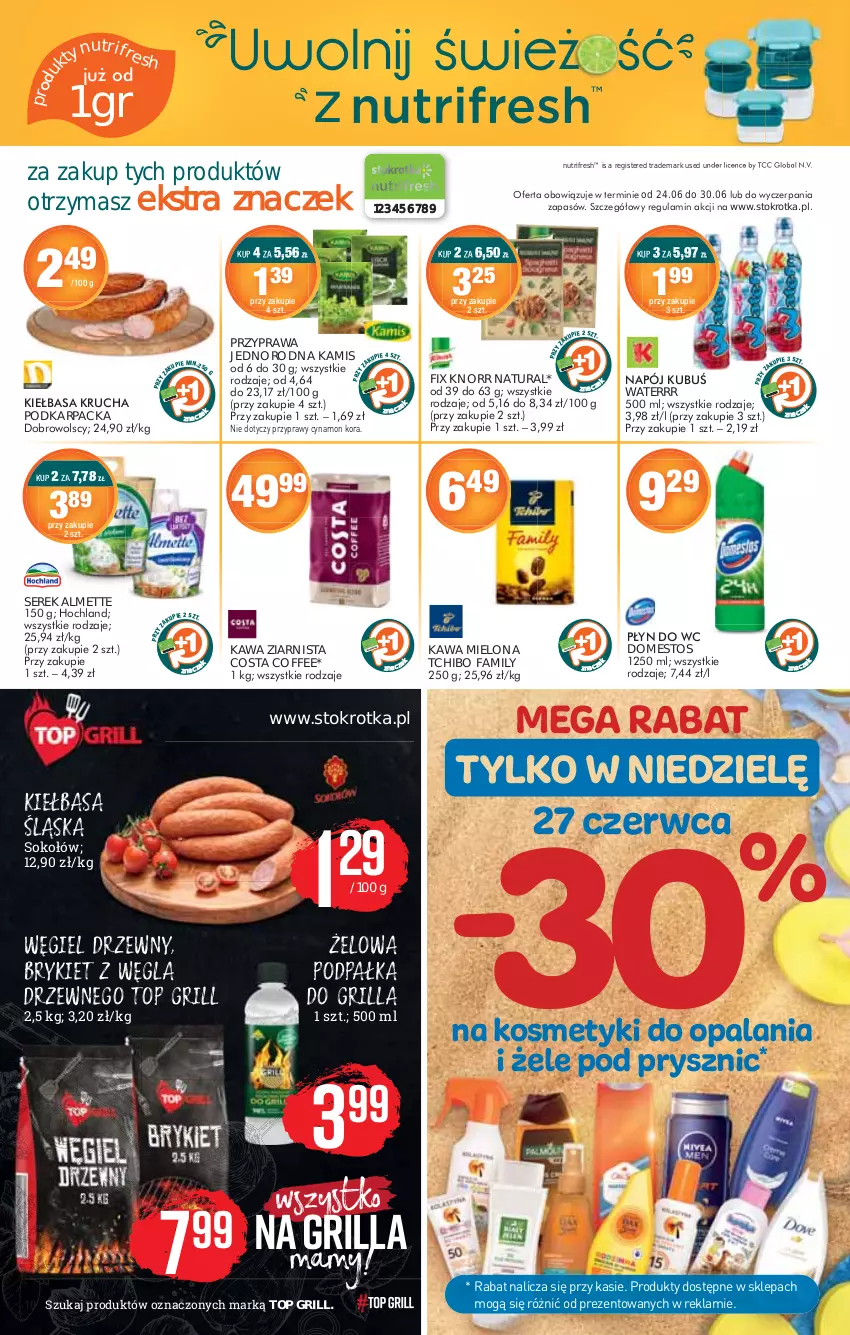 Gazetka promocyjna Stokrotka - Market - ważna 24.06 do 30.06.2021 - strona 10 - produkty: Almette, Domestos, Fa, Grill, Kamis, Karp, Kawa, Kawa mielona, Kawa ziarnista, Kiełbasa, Kiełbasa śląska, Knorr, Przyprawy, Ser, Serek, Tchibo, Tchibo Family, Top, Węgiel drzewny