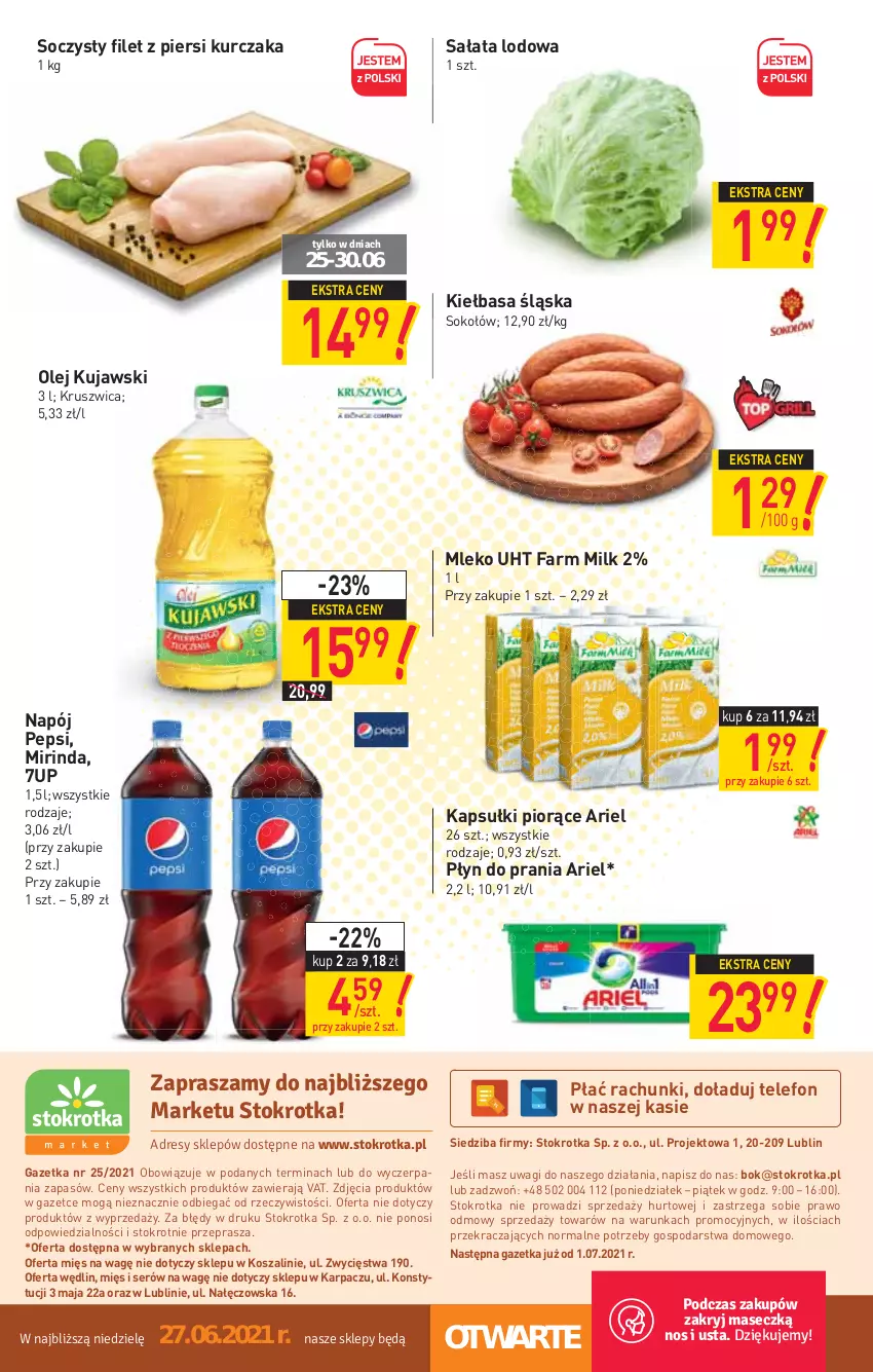 Gazetka promocyjna Stokrotka - Market - ważna 24.06 do 30.06.2021 - strona 12 - produkty: 7up, Ariel, Fa, Farm Milk, Filet z piersi kurczaka, Karp, Kiełbasa, Kiełbasa śląska, Kosz, Kujawski, Kurczak, Mirinda, Mleko, Napój, O nas, Olej, Pepsi, Płyn do prania, Sałat, Sałata lodowa, Ser, Sok, Sokołów, Szal, Telefon, Wagi