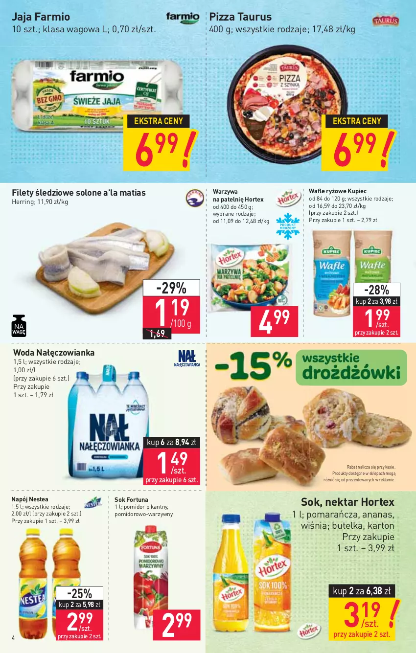 Gazetka promocyjna Stokrotka - Market - ważna 24.06 do 30.06.2021 - strona 4 - produkty: Ananas, Fa, Fortuna, Hortex, Jaja, Kupiec, Nałęczowianka, Napój, Nektar, Nestea, Piec, Pizza, Ryż, Sok, Wafle, Warzywa, Woda