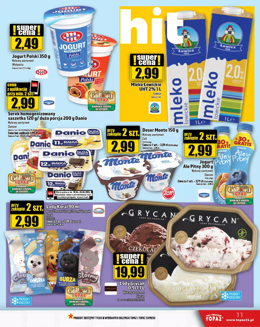 Gazetka promocyjna Topaz - Gazetka - ważna 18.04 do 24.04.2024 - strona 11 - produkty: Danio, Danone, Jogurt, Mleko, Mlekovita, Por, Ser, Serek, Serek homogenizowany, Top, Vita C