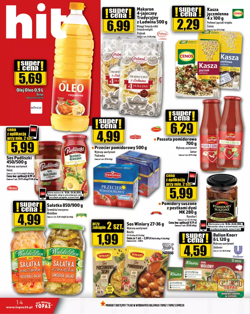 Gazetka promocyjna Topaz - Gazetka - ważna 18.04 do 24.04.2024 - strona 14 - produkty: Bulion, Cenos, Heinz, Kasza, Knorr, Lion, Makaron, Olma, Podravka, Pomidory, Por, Pudliszki, Sałat, Sałatka, Sos, Top, Winiary