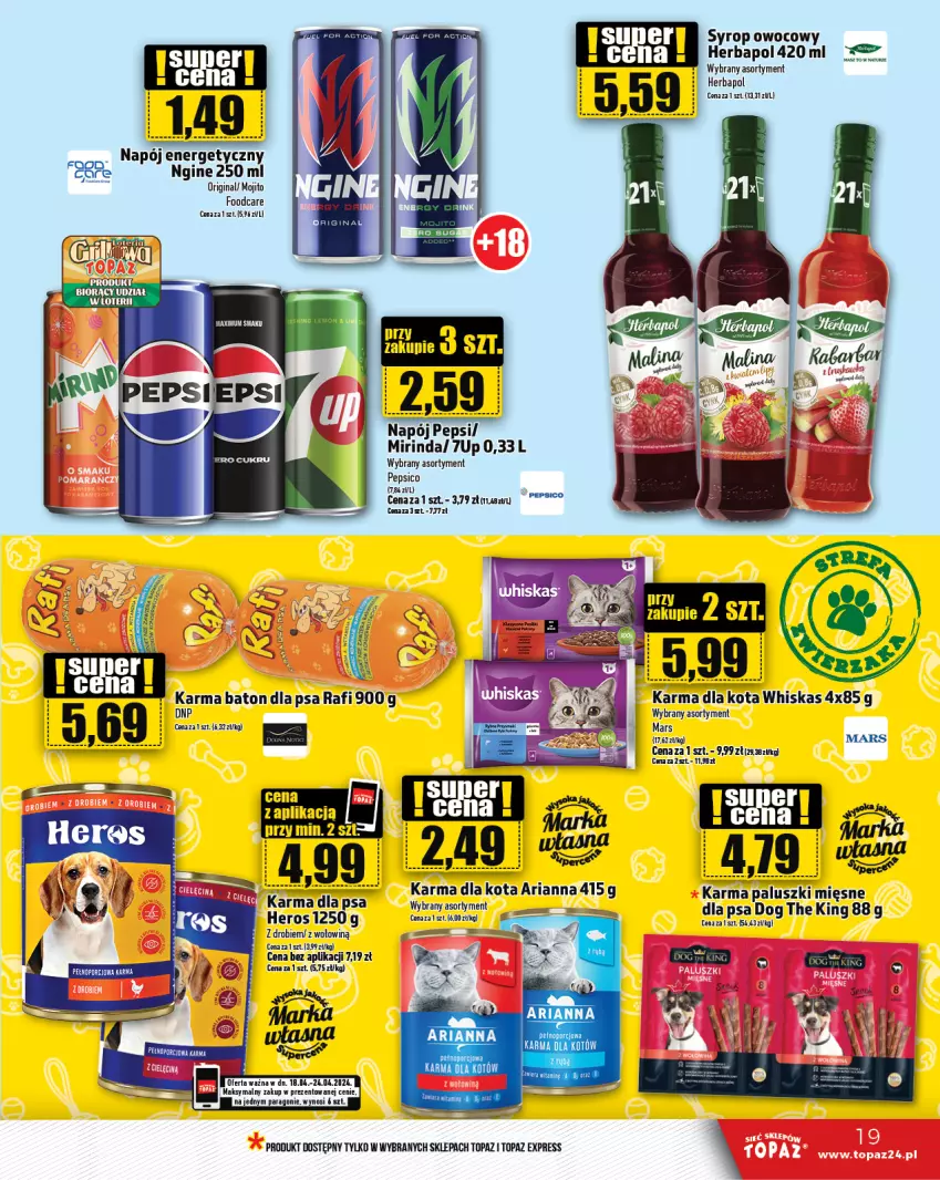 Gazetka promocyjna Topaz - Gazetka - ważna 18.04 do 24.04.2024 - strona 19 - produkty: 7up, Baton, Baton dla psa, Gin, Herbapol, Mars, Mirinda, Napój, Napój energetyczny, Pepsi, Por, Top, Whiskas