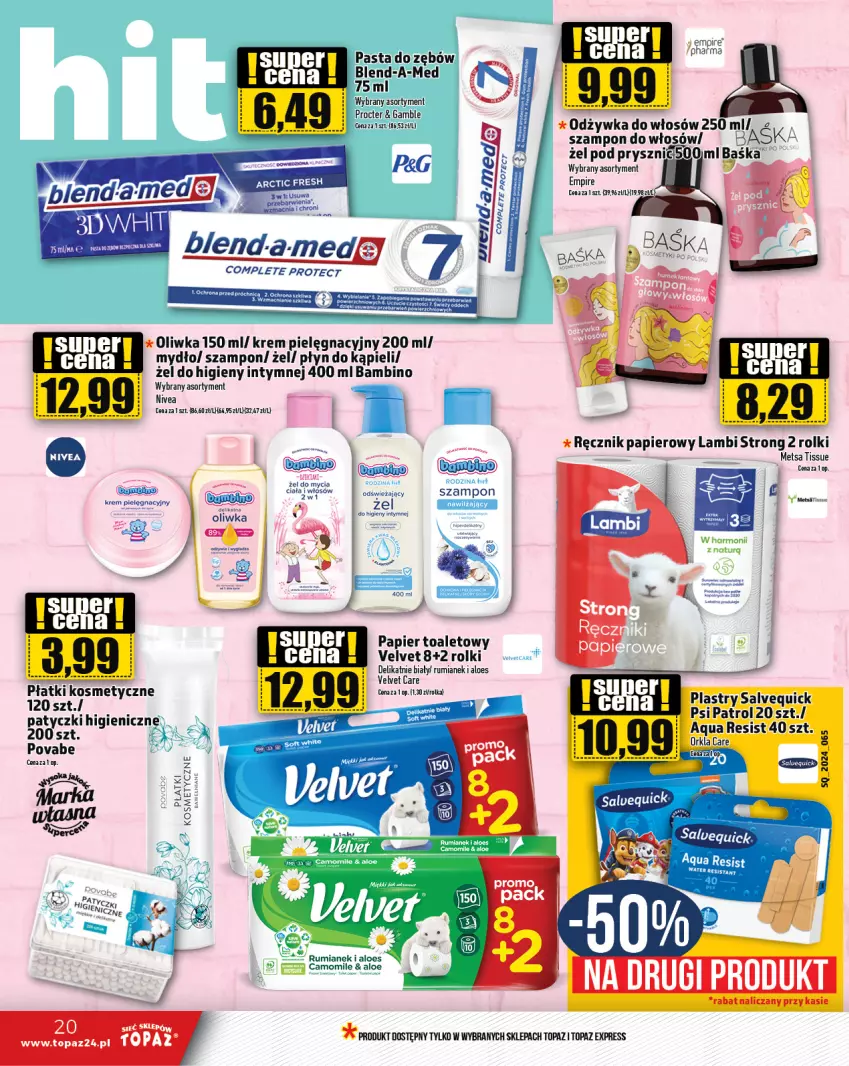 Gazetka promocyjna Topaz - Gazetka - ważna 18.04 do 24.04.2024 - strona 20 - produkty: Mydło, Nivea, Odżywka, Papier, Papier toaletowy, Pasta do zębów, Płatki kosmetyczne, Płyn do kąpieli, Por, Ręcznik, Rolki, Rum, Szampon, Top, Velvet