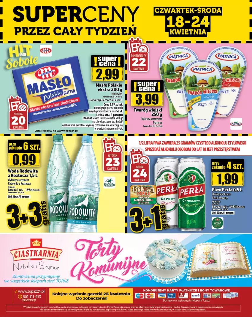 Gazetka promocyjna Topaz - Gazetka - ważna 18.04 do 24.04.2024 - strona 24 - produkty: Masło, Mleko, Mlekovita, Olej, Perła, Piątnica, Piwo, Por, Schab wieprzowy, Top, Twaróg, Vita C, Waga, Woda