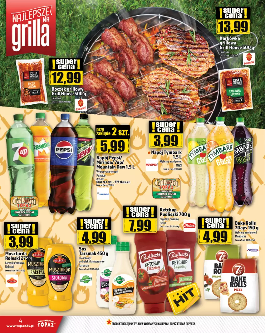 Gazetka promocyjna Topaz - Gazetka - ważna 18.04 do 24.04.2024 - strona 4 - produkty: Bake Rolls, Boczek, Burger, Grill, Hamburger, Ketchup, Mirinda, Napój, Pepsi, Sok, Sokołów, Top