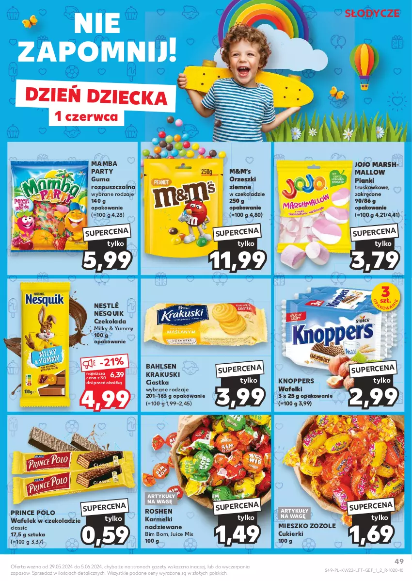 Gazetka promocyjna Kaufland - Gazetka tygodnia - ważna 29.05 do 05.06.2024 - strona 49 - produkty: Ciastka, Cukier, Cukierki, Czekolada, Guma rozpuszczalna, Knoppers, Krakus, Krakuski, Mamba, Mars, Nesquik, Nestlé, Orzeszki, Orzeszki ziemne, Prince Polo, Wafelek