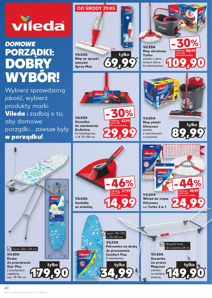 Gazetka promocyjna Kaufland - Gazetka tygodnia - ważna 29.05 do 05.06.2024 - strona 60 - produkty: Deska do prasowania, Mop, Pokrowiec, Pokrowiec na deskę, Por, Rama, Suszarka, Suszarka na pranie, Szczotka, Szufelka, Teleskop, Vileda, Wiadro, Wiadro z wyciskaczem, Wkład do mopa