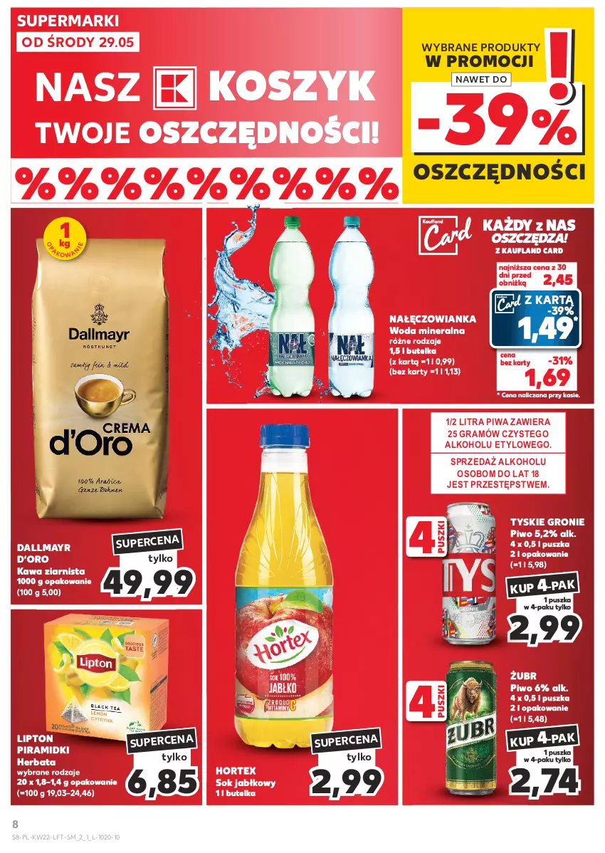 Gazetka promocyjna Kaufland - Gazetka tygodnia - ważna 29.05 do 05.06.2024 - strona 8 - produkty: Dallmayr, Gra, Herbata, Hortex, Kawa, Kawa ziarnista, Kosz, Lipton, Nałęczowianka, Piwa, Piwo, Sok, Sok jabłkowy, Tyskie, Woda, Woda mineralna