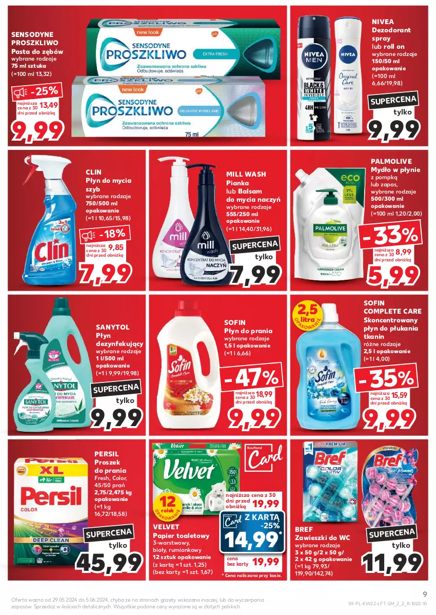 Gazetka promocyjna Kaufland - Gazetka tygodnia - ważna 29.05 do 05.06.2024 - strona 9 - produkty: Balsam do mycia naczyń, Bref, Clin, Dezodorant, Do mycia naczyń, Mydło, Mydło w płynie, Nivea, Palmolive, Papier, Papier toaletowy, Pasta do zębów, Persil, Płyn do mycia, Płyn do płukania, Płyn do prania, Proszek do prania, Rum, Sanytol, Sensodyne, Velvet, Zawieszki