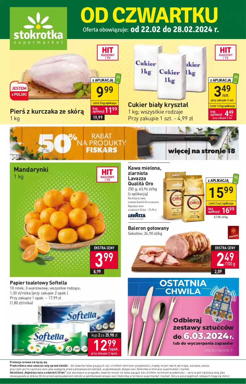 Gazetka promocyjna Stokrotka - Supermarket - ważna 22.02 do 28.02.2024 - strona 1 - produkty: Cukier, Kawa, Kawa mielona, Kurczak, Lavazza, Mandarynki, Mięso, Owoce, Papier, Papier toaletowy, Sok, Sokołów, Warzywa