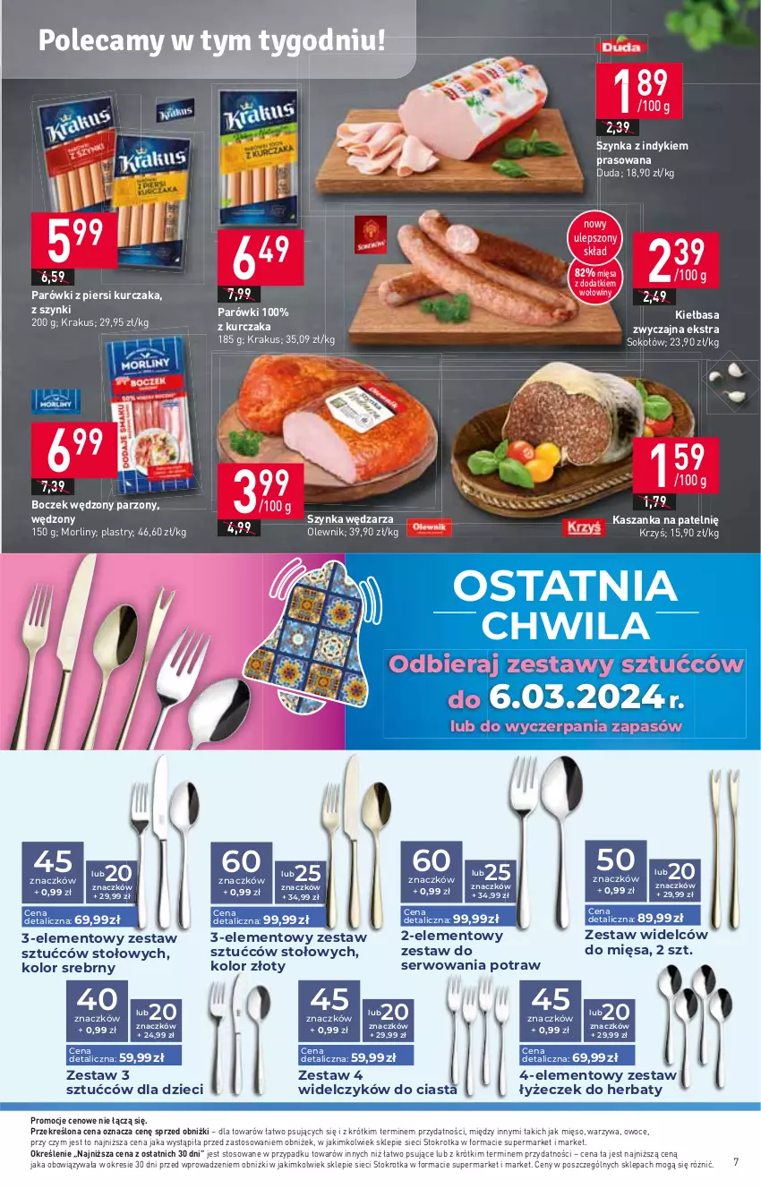 Gazetka promocyjna Stokrotka - Supermarket - ważna 22.02 do 28.02.2024 - strona 11 - produkty: Boczek, Duda, Dzieci, Kasza, Kaszanka, Kiełbasa, Krakus, Kurczak, Mięso, Morliny, Olewnik, Owoce, Parówki, Parówki z piersi kurczaka, Ser, Sok, Sokołów, Szynka, Warzywa, Zestaw sztućców