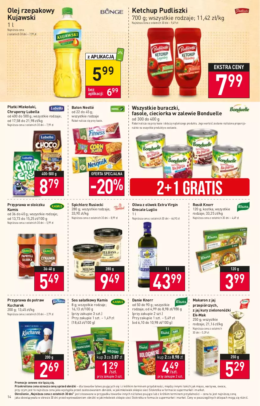 Gazetka promocyjna Stokrotka - Supermarket - ważna 22.02 do 28.02.2024 - strona 15 - produkty: Baton, Bell, Bella, Bonduelle, Buraczki, Cieciorka, Fa, Gin, Gra, Kamis, Ketchup, Knorr, Kucharek, Kujawski, Lubella, Makaron, Mięso, Mleko, Nestlé, Olej, Olej rzepakowy, Oliwa z oliwek, Orka, Owoce, Por, Przyprawa do potraw, Pudliszki, Rosół, Sałat, Sos, Spichlerz Rusiecki, Warzywa